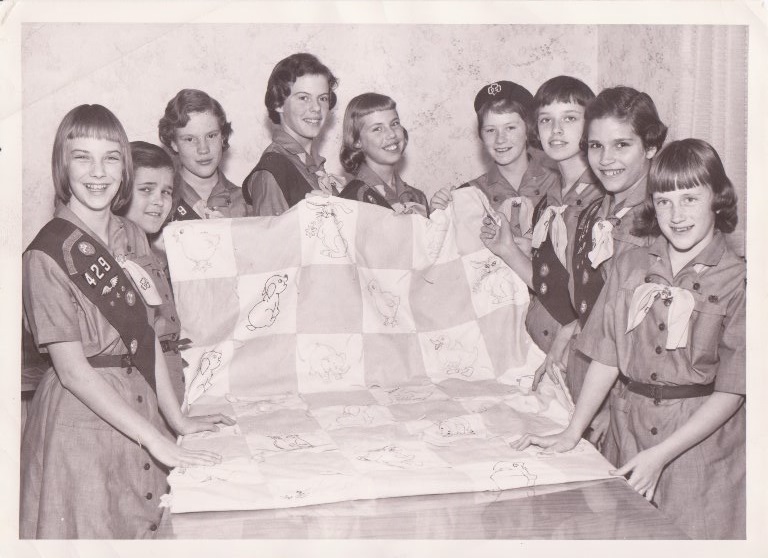 Girl Scout Troop 429: Donita Nordstrom, Nancy Stenberg, Carol Hanson, Carol Schmidtke, Teresa Peterson, Beverly Lindgren, Linda Donahue, Janice Erickson, and Mary Anthony